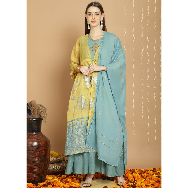 3 Pc Yellow Unstitched Cotton Suit Set - JD986579004
