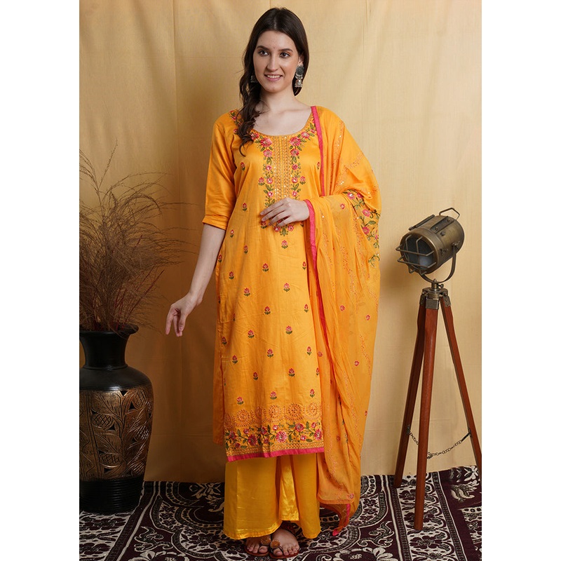 3 Pc Yellow Unstitched Cotton Suit Set - JD986579005