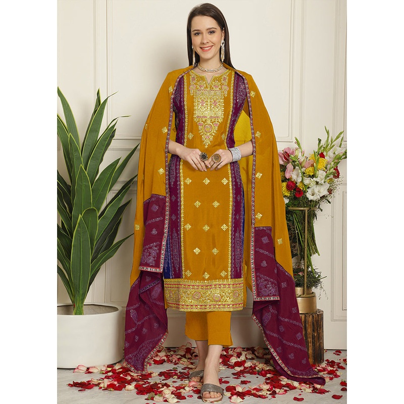 3 Pc Yellow Unstitched Muslin Suit Set - JD986579001