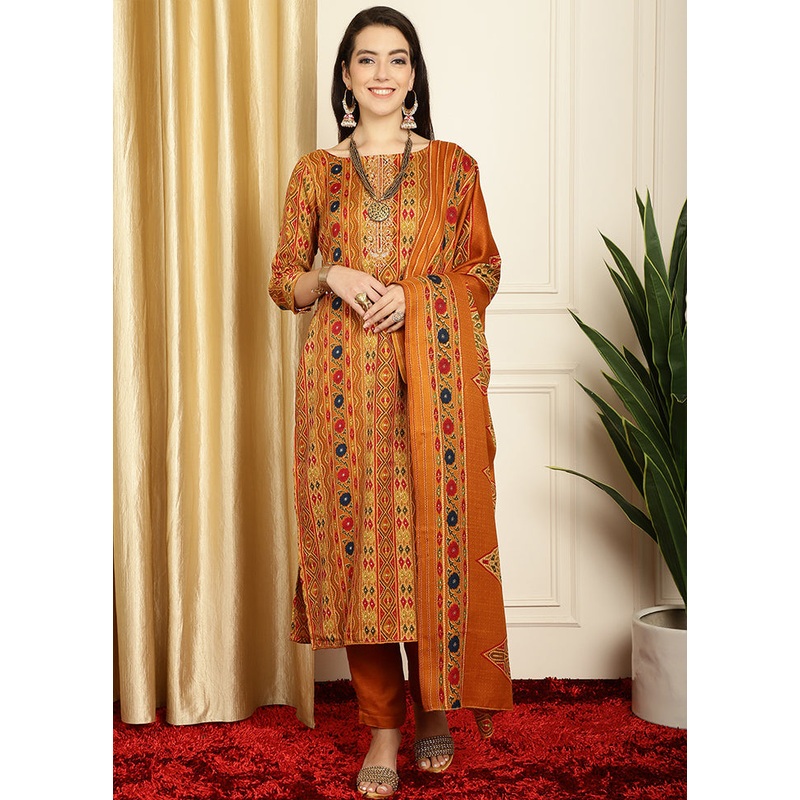 3 Pc Yellow Unstitched Pashmina Suit Set - JD986578999