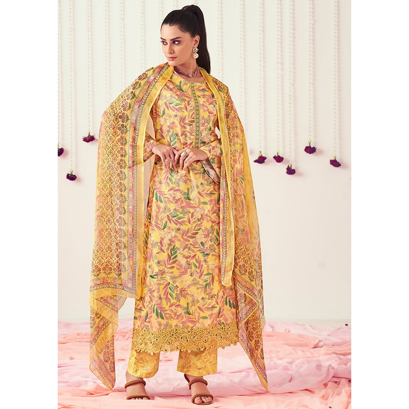3 Pc Yellow Unstitched Pure Cotton Suit Set - JD986578997