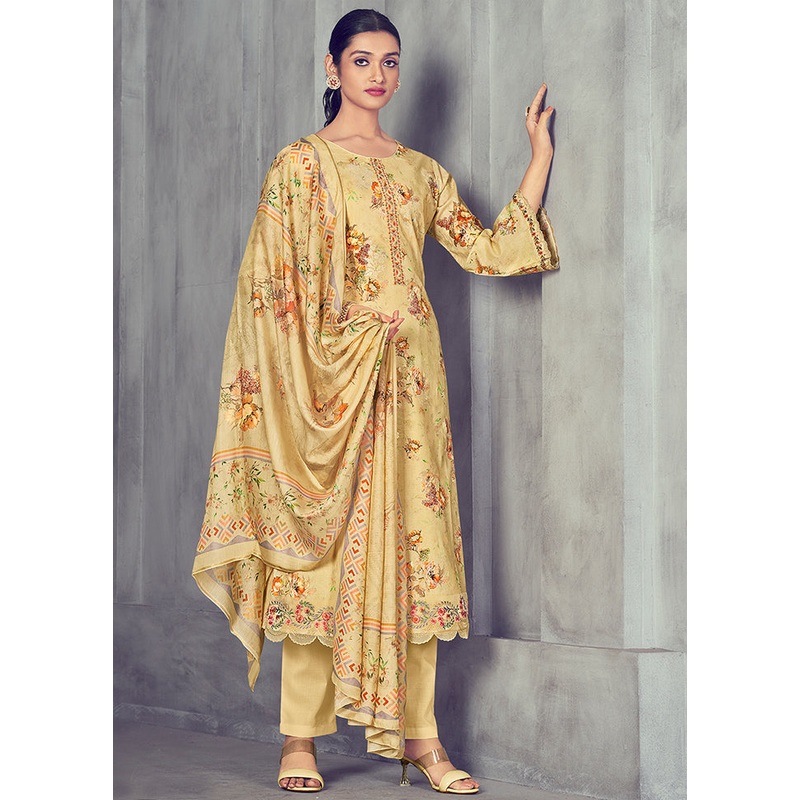 3 Pc Yellow Unstitched Pure Cotton Suit Set - JD986578998