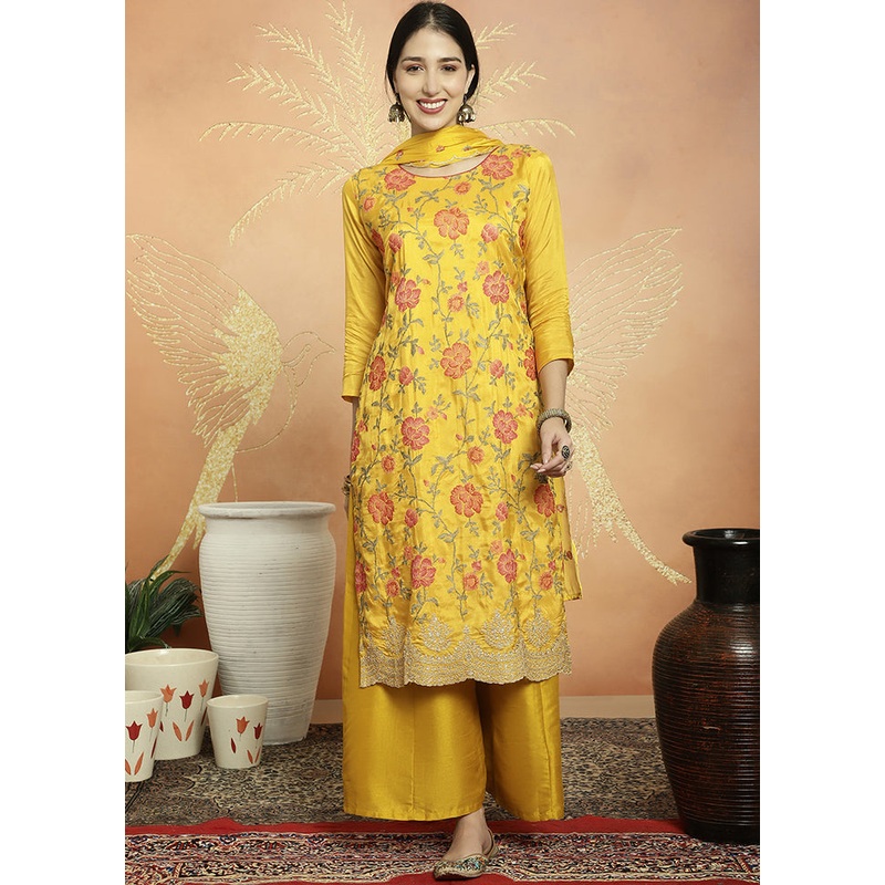 3 Pc Yellow Unstitched Pure Santoon Suit Set - JD986578996