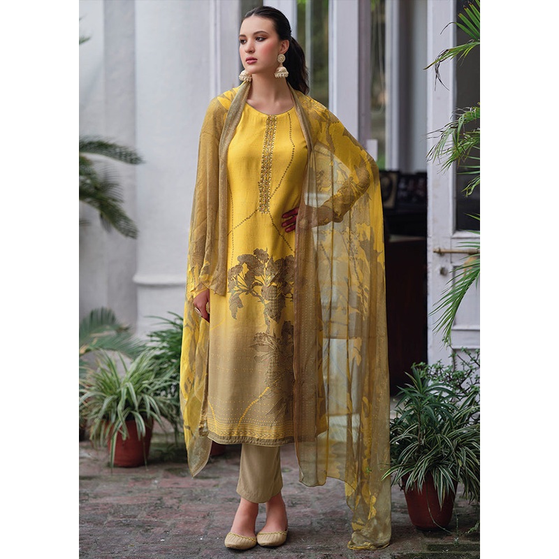 3 Pc Yellow Unstitched Rayon Suit Set - JD986578994