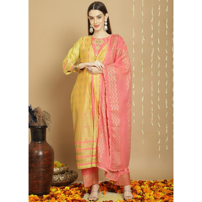 3 Pc Yellow Unstitched Silk Suit Set - JD986578991