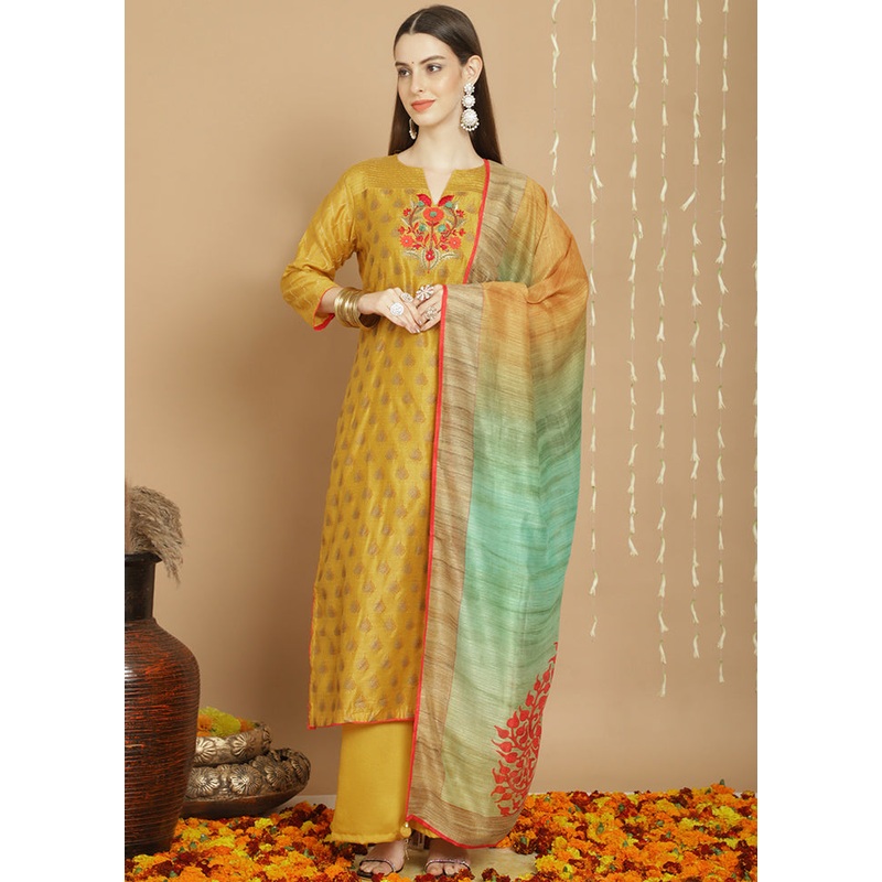 3 Pc Yellow Unstitched Silk Suit Set - JD986578992