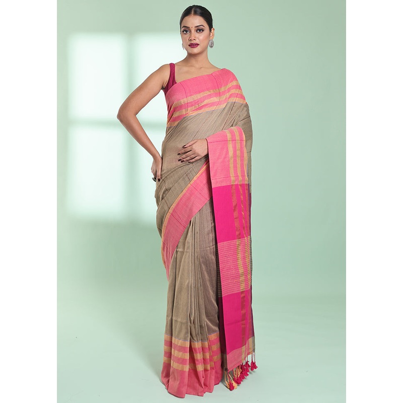 Beige Cotton Saree With Blouse Piece - JD986578970
