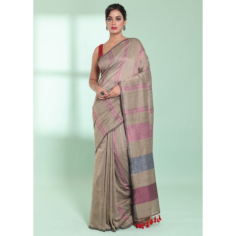 Beige Cotton Saree With Blouse Piece - JD986578973