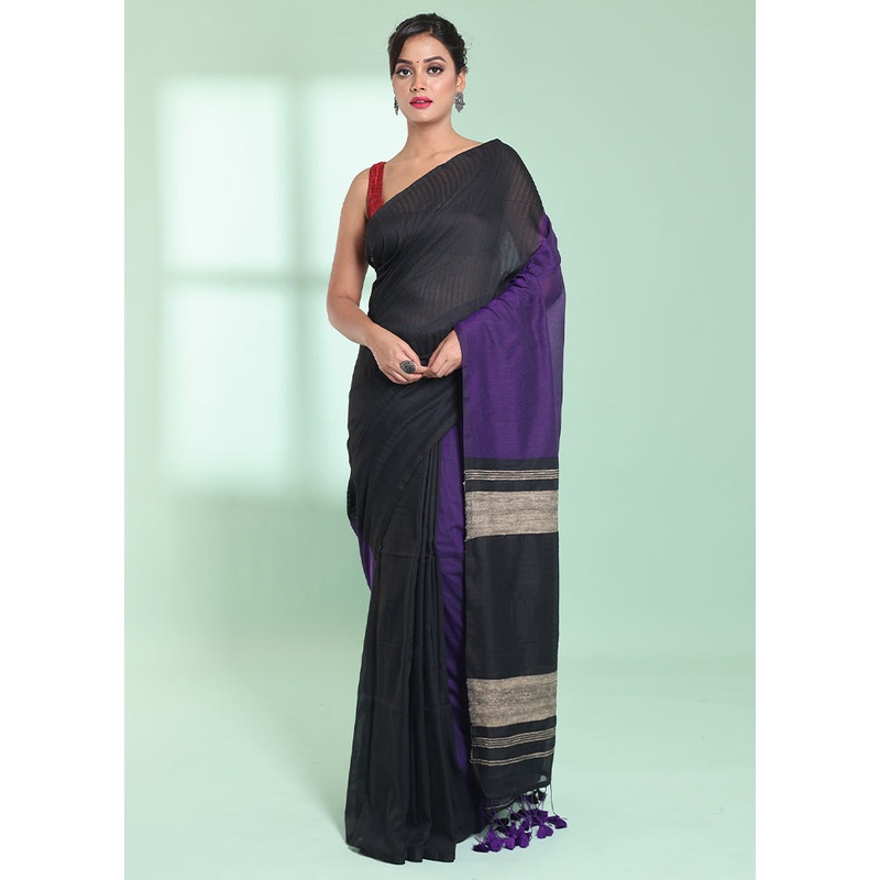 Black Cotton Saree With Blouse Piece - JD986578961