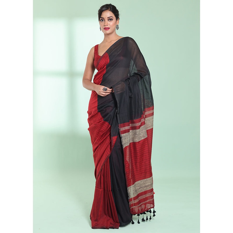 Black Cotton Saree With Blouse Piece - JD986578962