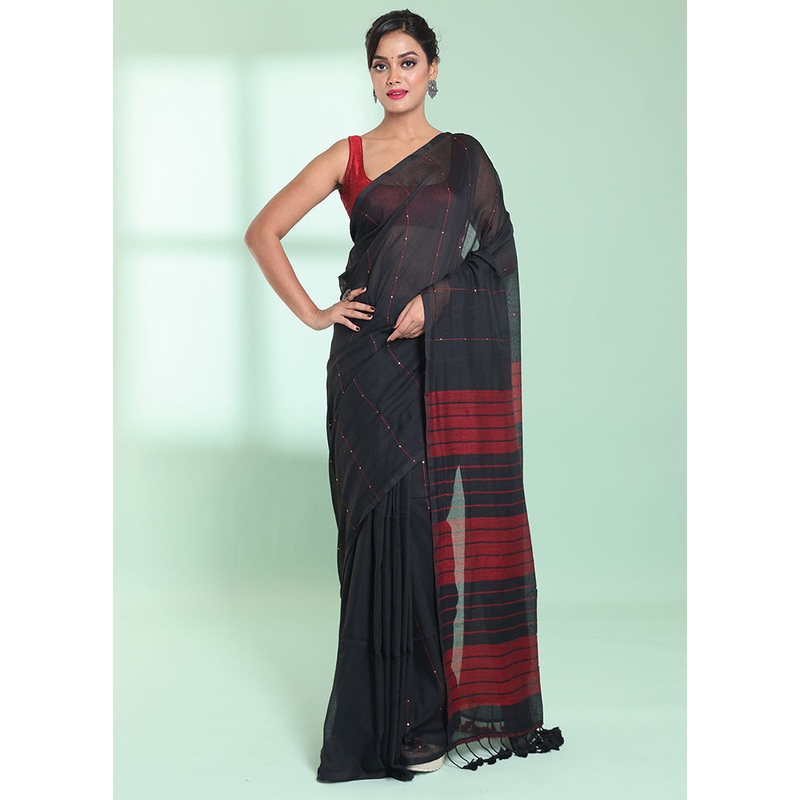 Black Cotton Saree With Blouse Piece - JD986578963