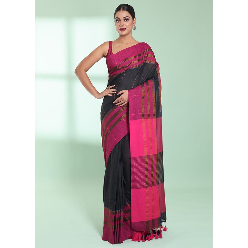 Black Cotton Saree With Blouse Piece - JD986578964