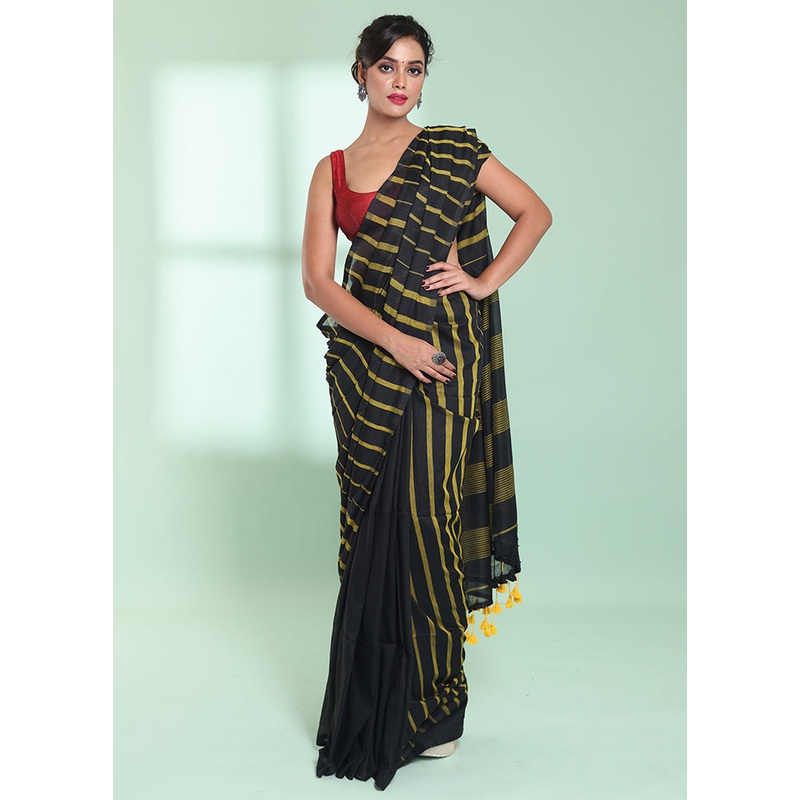 Black Cotton Saree With Blouse Piece - JD986578965