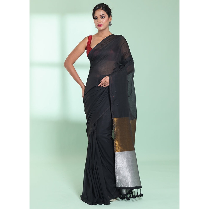 Black Cotton Saree With Blouse Piece - JD986578967