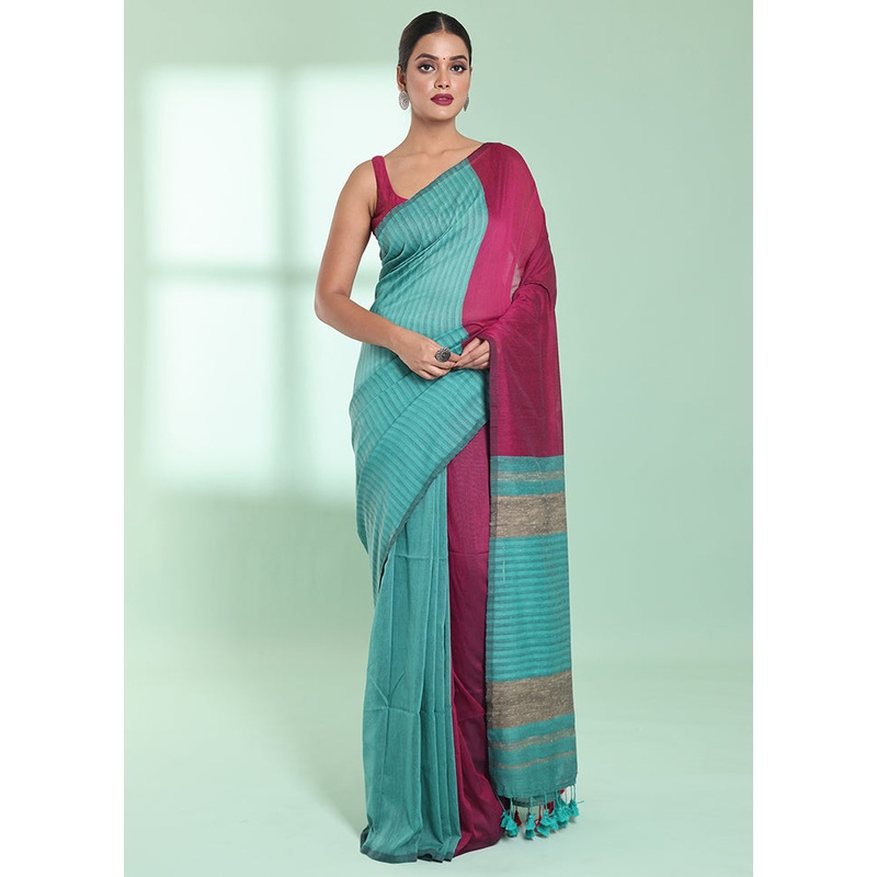 Blue Cotton Saree With Blouse Piece - JD986578957