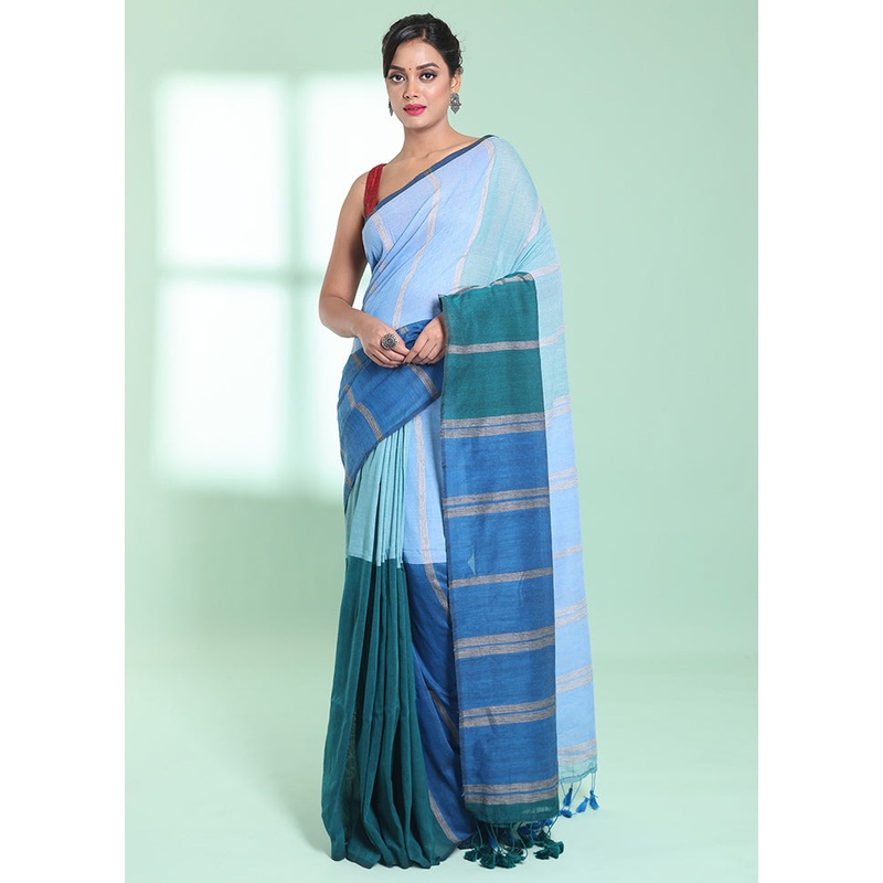 Blue Cotton Saree With Blouse Piece - JD986578958