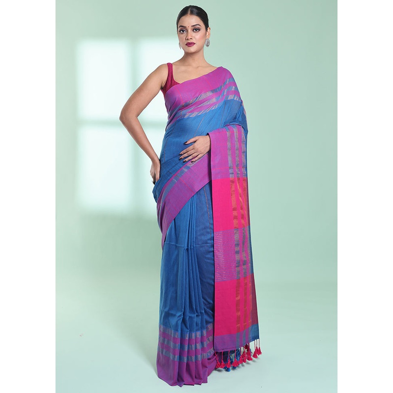 Blue Cotton Saree With Blouse Piece - JD986578959