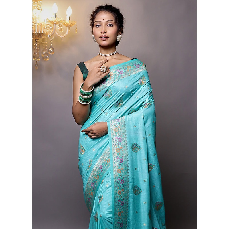 Blue Dupion Silk Saree With Blouse Piece - JD986579121
