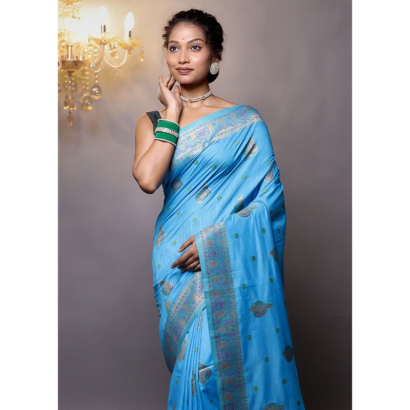 Blue Dupion Silk Saree With Blouse Piece - JD986579129