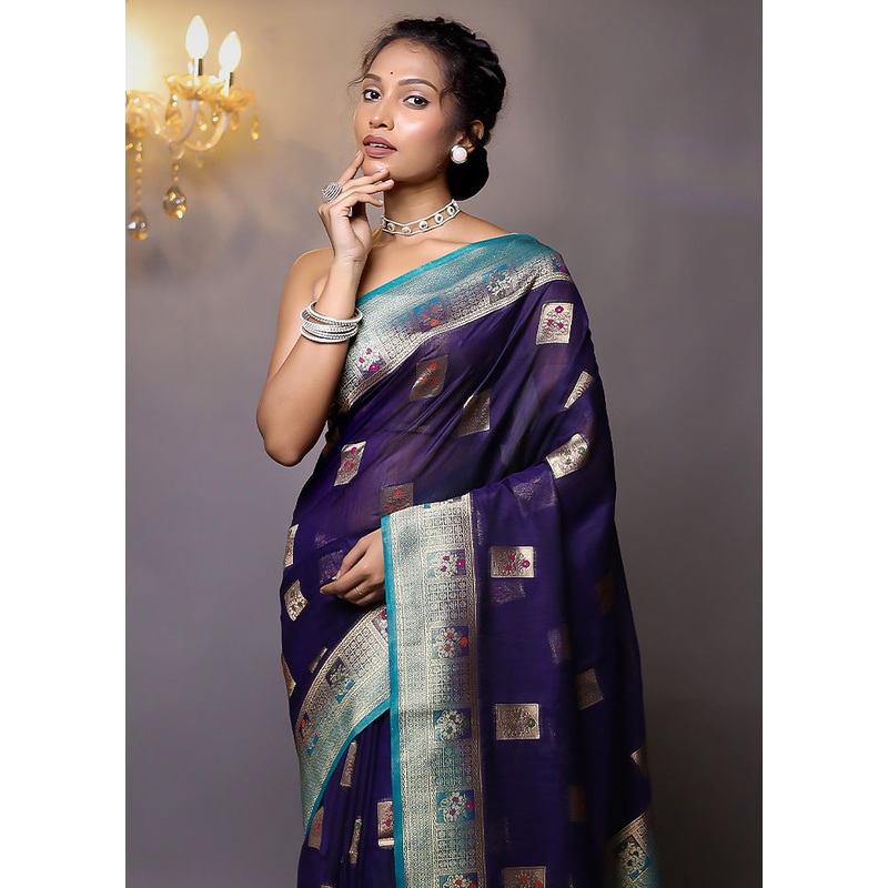 Blue Dupion Silk Saree With Blouse Piece - JD986579130