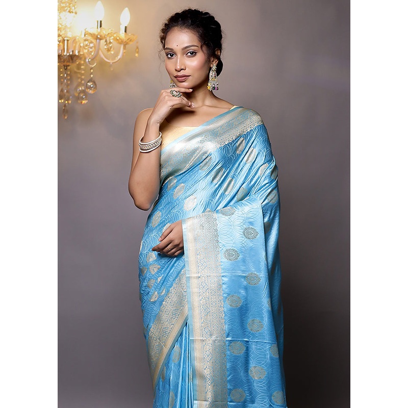 Blue Dupion Silk Saree With Blouse Piece - JD986579131