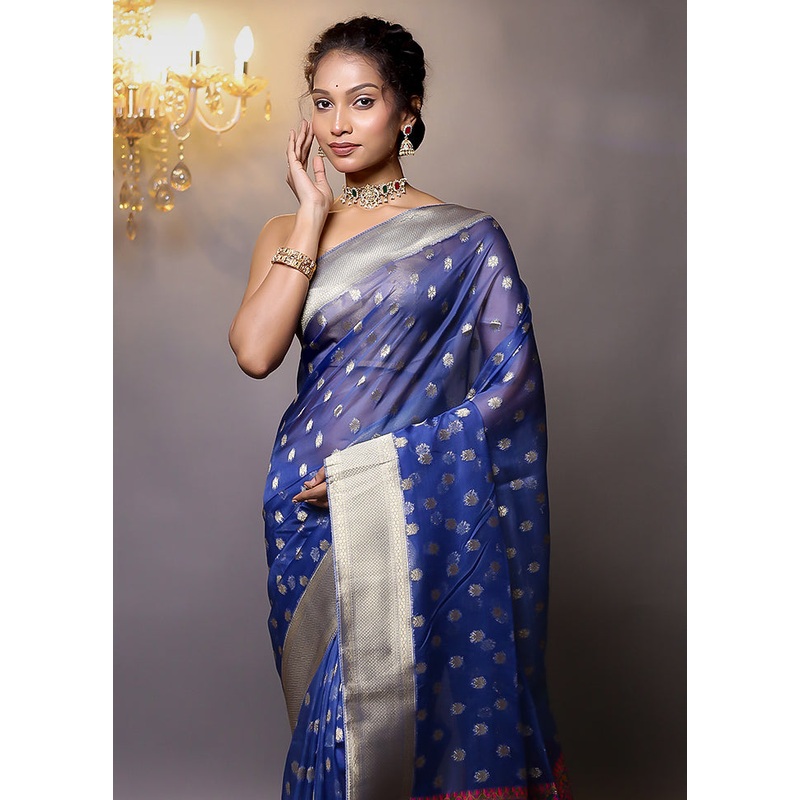 Blue Organza Saree With Blouse Piece - JD986579128