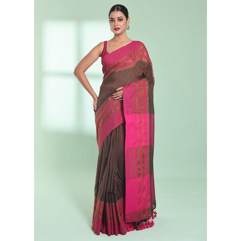 Brown Cotton Saree With Blouse Piece - JD986578956
