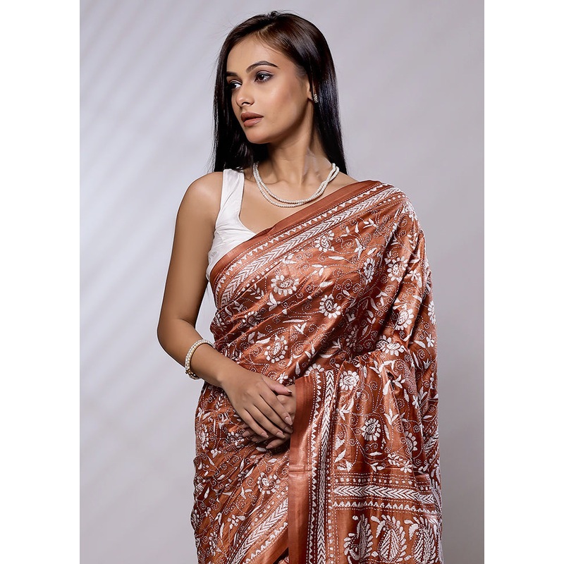 Brown Handloom Kantha Stitch Pure Silk Saree With Blouse Piece - JD986579133