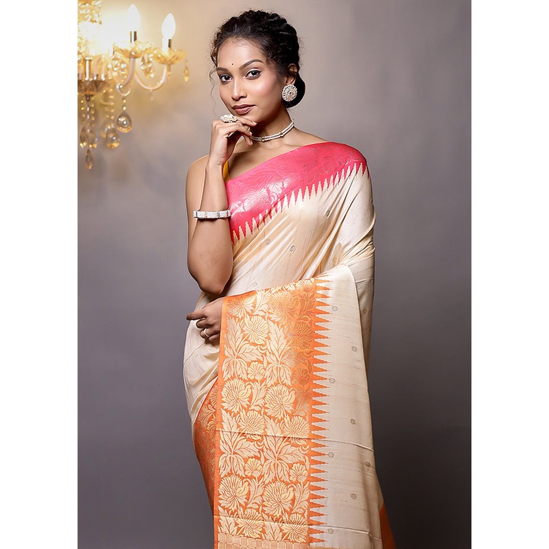 Cream Tussar Silk Saree With Blouse Piece - JD986579126