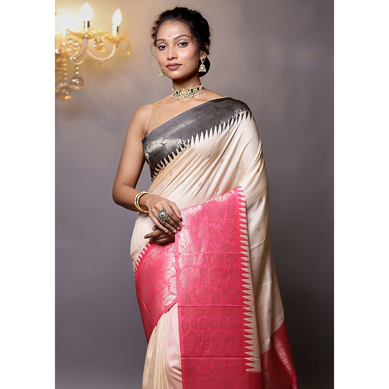 Cream Tussar Silk Saree With Blouse Piece - JD986579127