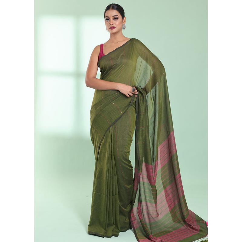 Green Cotton Saree With Blouse Piece - JD986578948