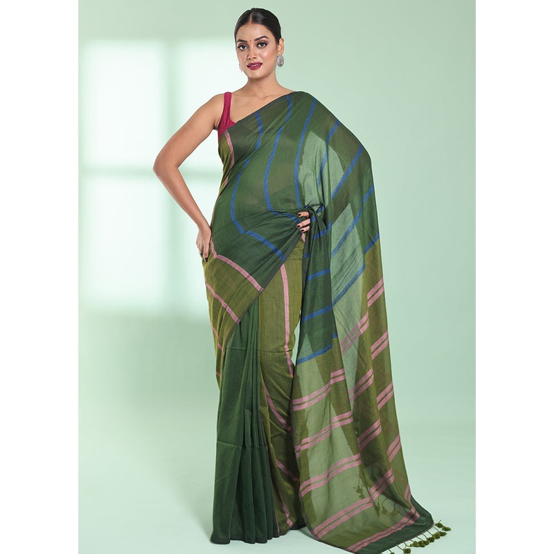 Green Cotton Saree With Blouse Piece - JD986578949