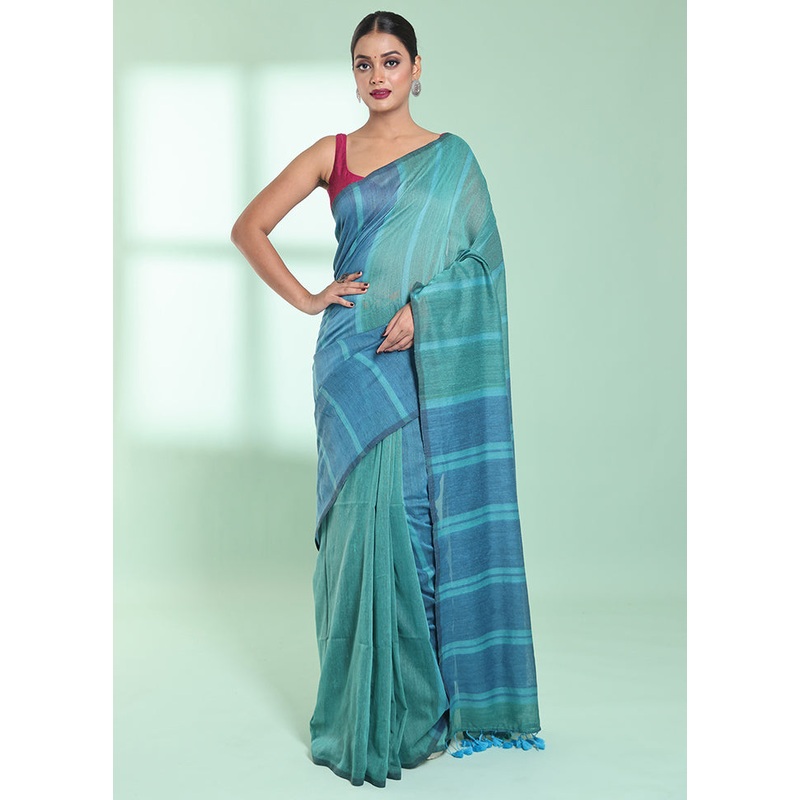 Green Cotton Saree With Blouse Piece - JD986578950