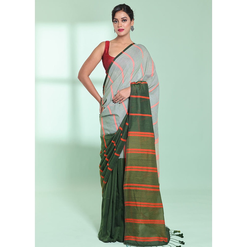 Green Cotton Saree With Blouse Piece - JD986578951