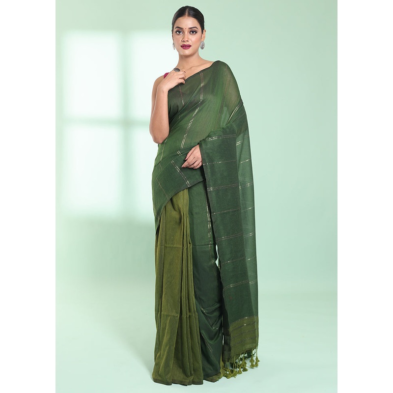 Green Cotton Saree With Blouse Piece - JD986578952