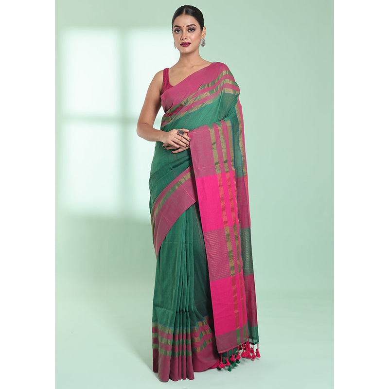 Green Cotton Saree With Blouse Piece - JD986578953