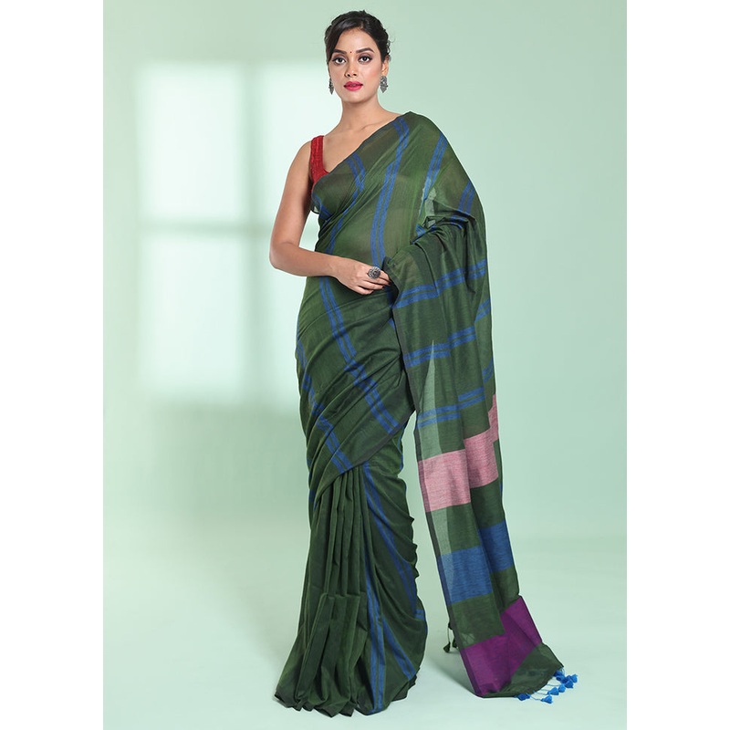 Green Cotton Saree With Blouse Piece - JD986578954