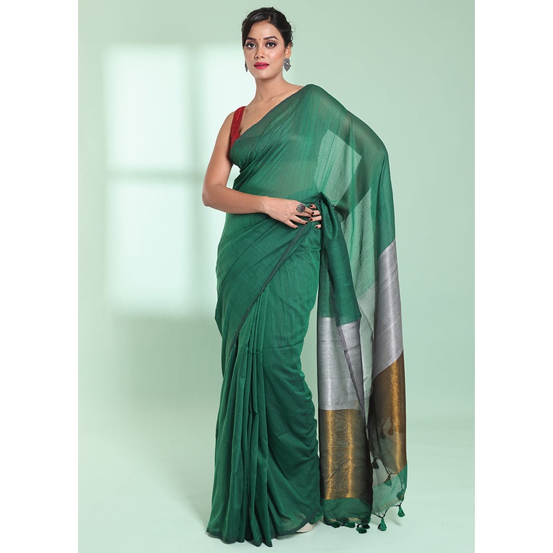 Green Cotton Saree With Blouse Piece - JD986578955