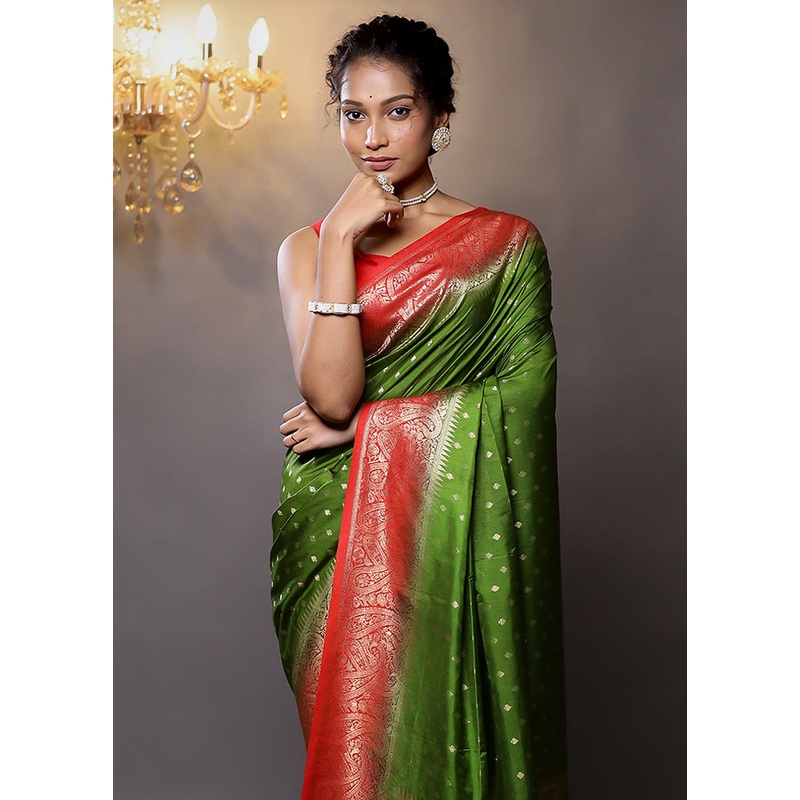 Green Dupion Silk Saree With Blouse Piece - JD986579122