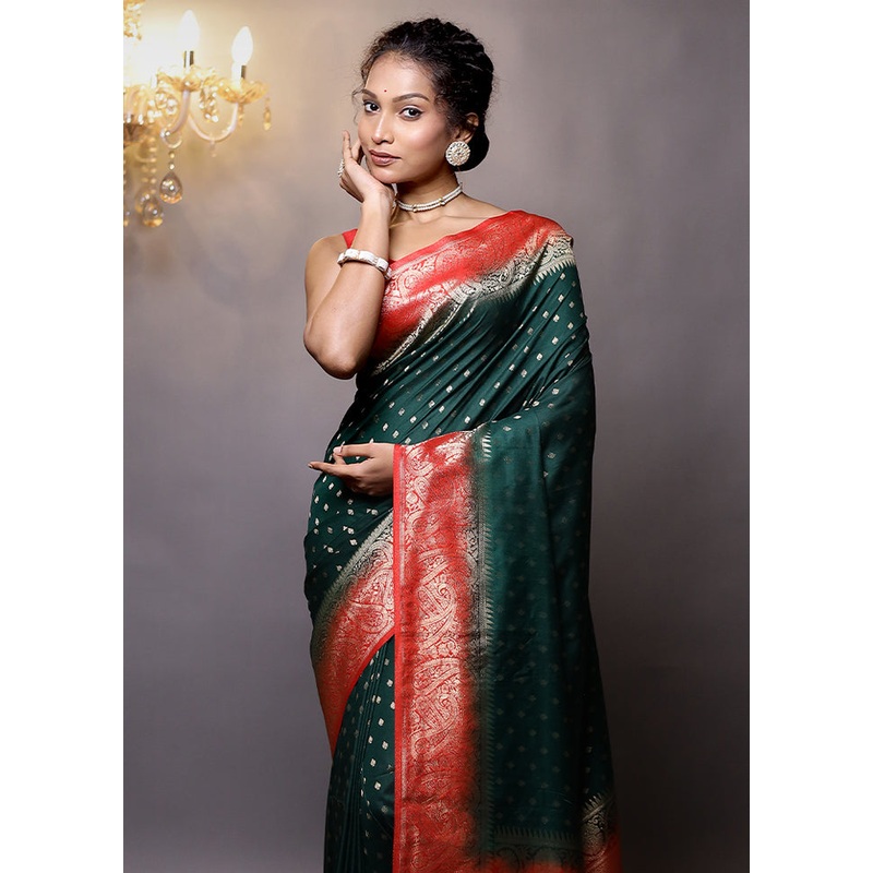 Green Dupion Silk Saree With Blouse Piece - JD986579123