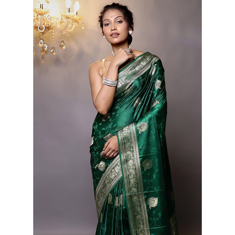 Green Dupion Silk Saree With Blouse Piece - JD986579124