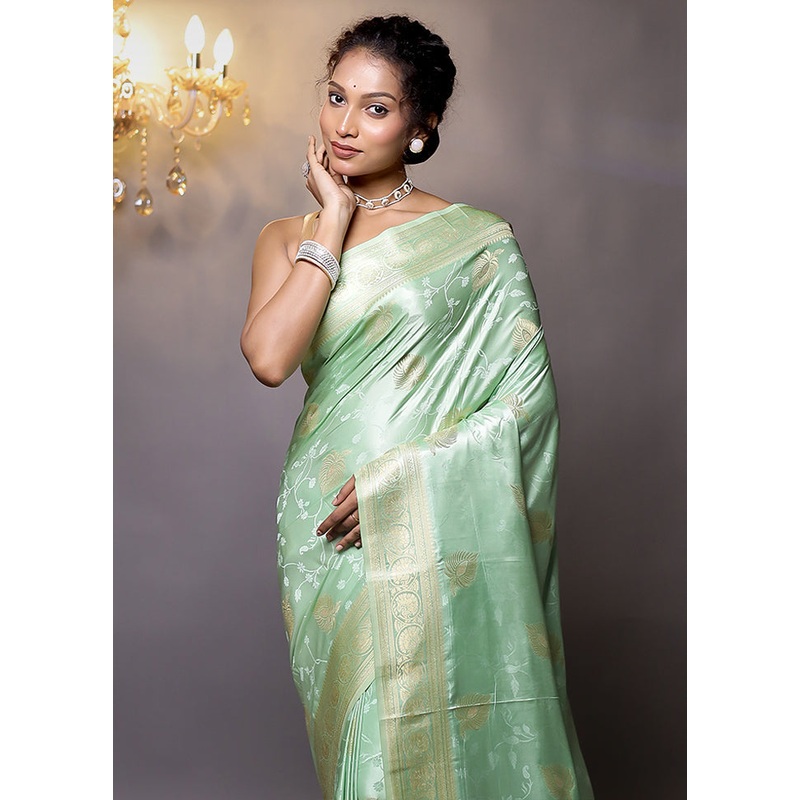 Green Dupion Silk Saree With Blouse Piece - JD986579125