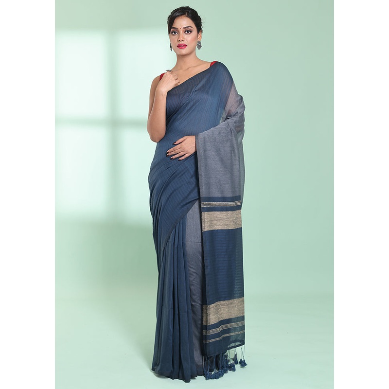 Grey Cotton Saree With Blouse Piece - JD986578940