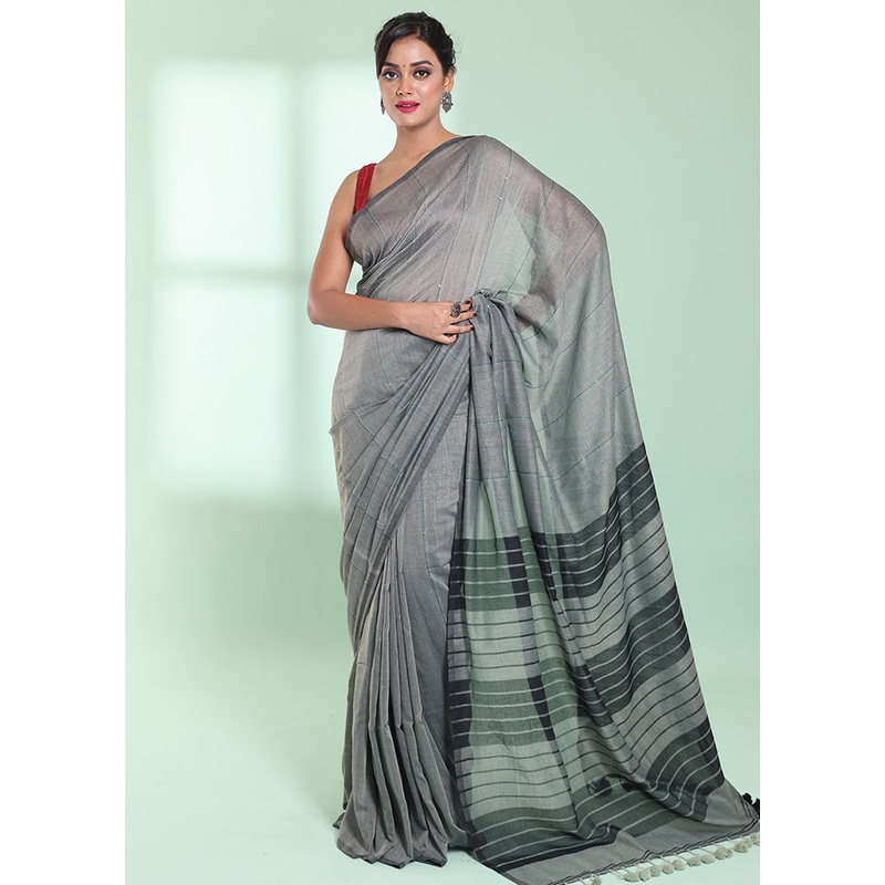 Grey Cotton Saree With Blouse Piece - JD986578941