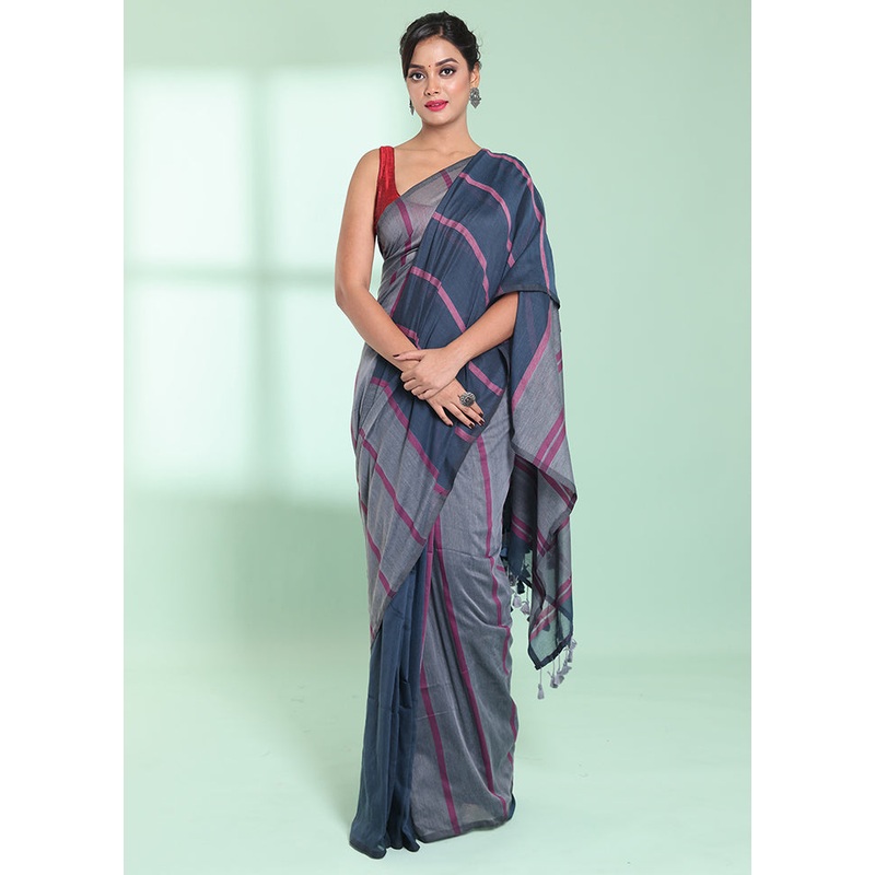 Grey Cotton Saree With Blouse Piece - JD986578942