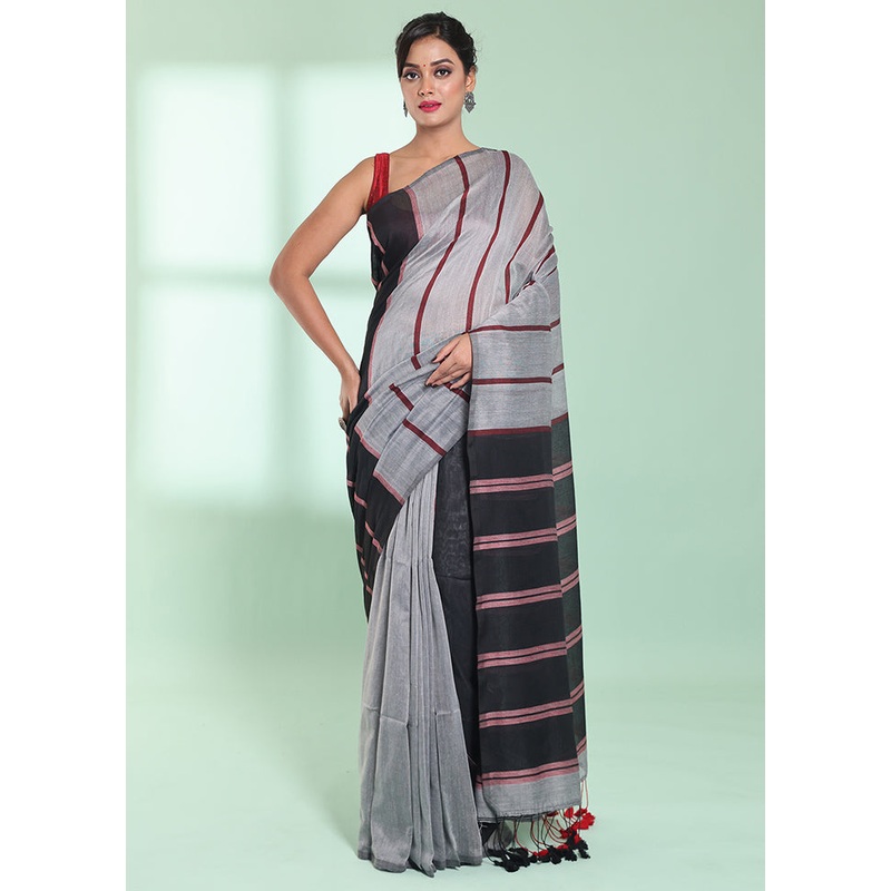 Grey Cotton Saree With Blouse Piece - JD986578943