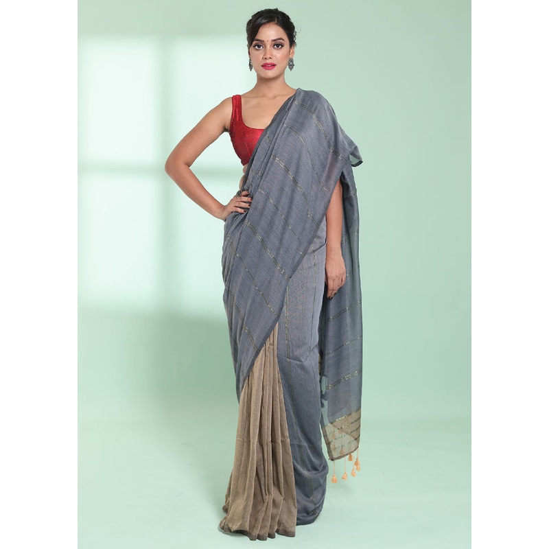Grey Cotton Saree With Blouse Piece - JD986578944