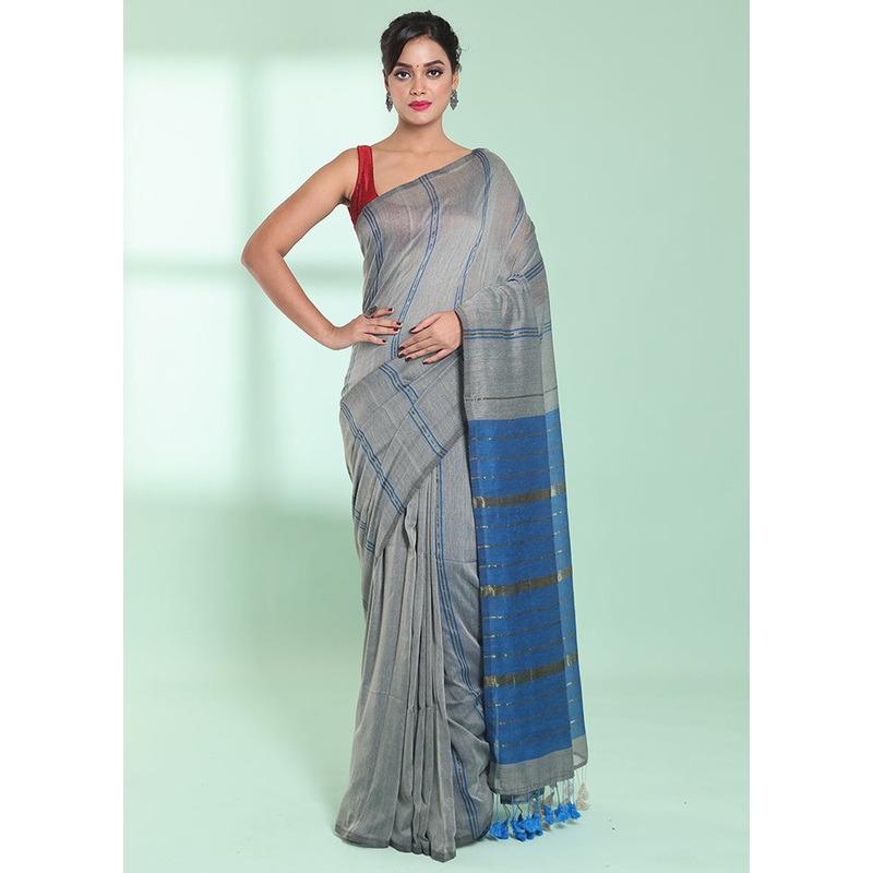 Grey Cotton Saree With Blouse Piece - JD986578945