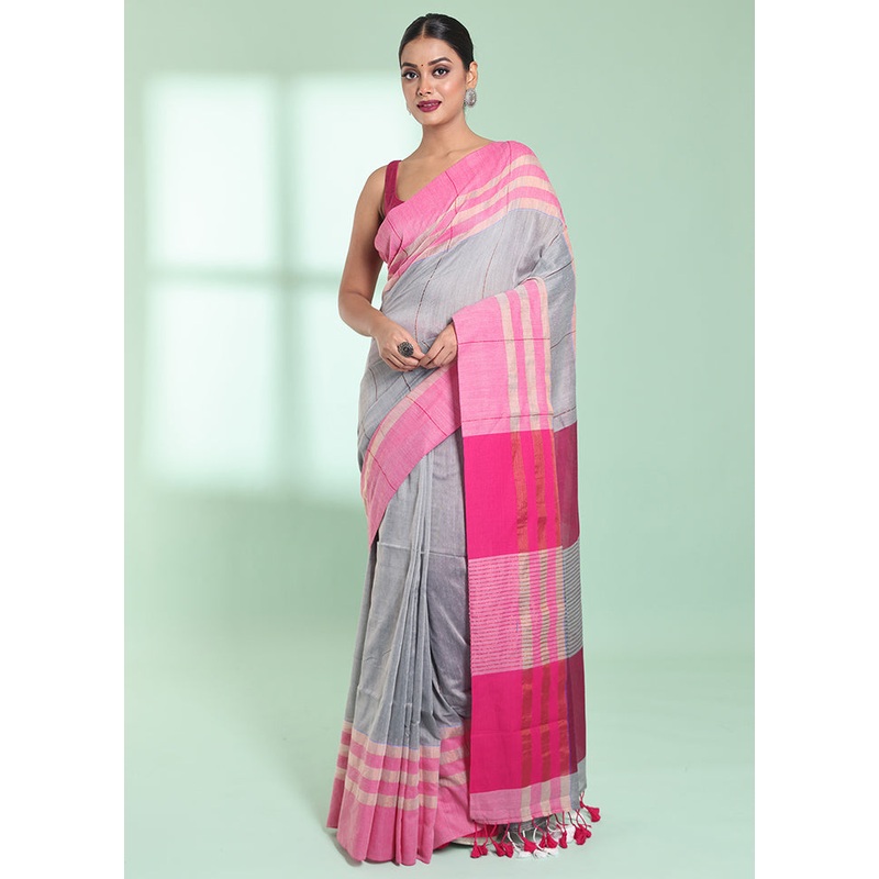 Grey Cotton Saree With Blouse Piece - JD986578946