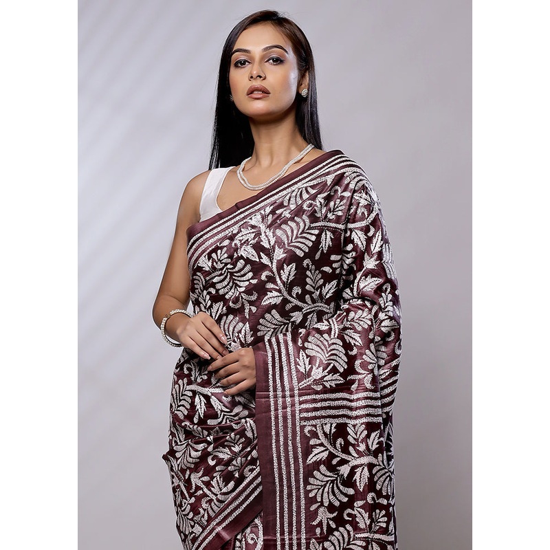 Maroon Handloom Kantha Stitch Pure Silk Saree With Blouse Piece - JD986579135